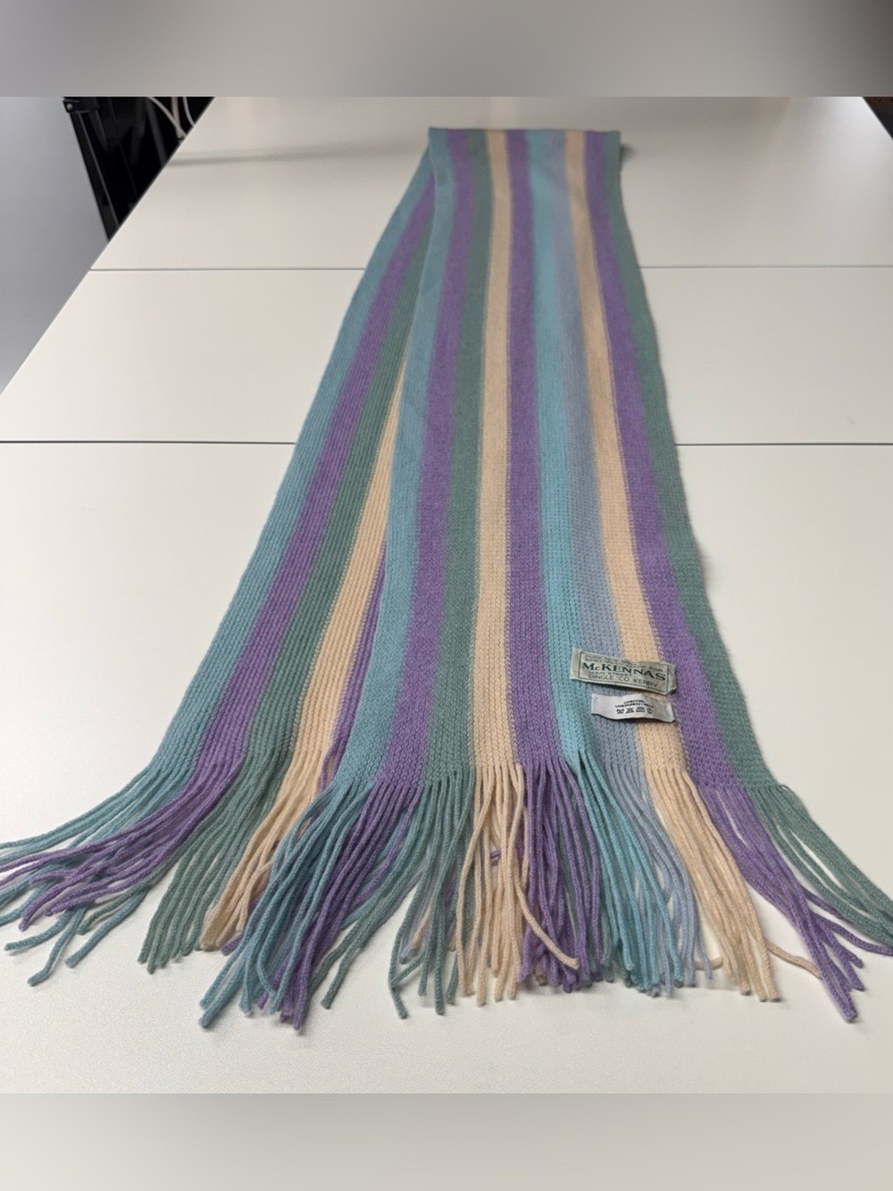 Mc Kennas 100% Pure New Wool Knitted Fringe Hem Scarf Women Pastel Striped 8x76"